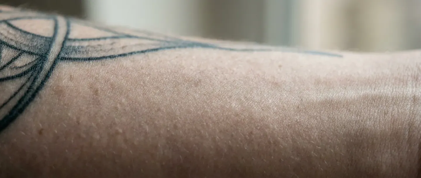 Lähikuva parantuneesta tatuoinnista, jossa ihon pinta on tasainen ja matta.